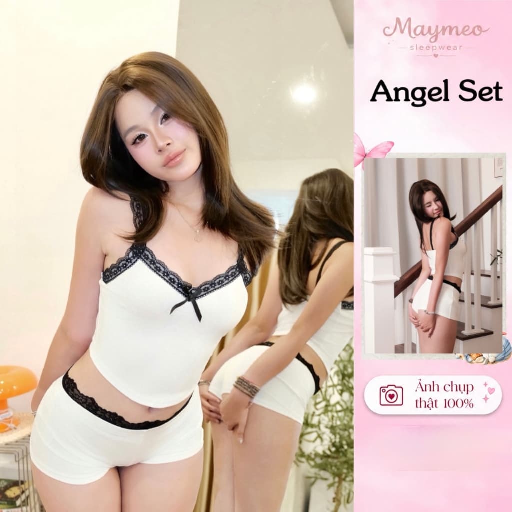 Angel Set — áo dây phối ren, quần short ôm — ảnh thật do Mây Meo Sleepwear chụp