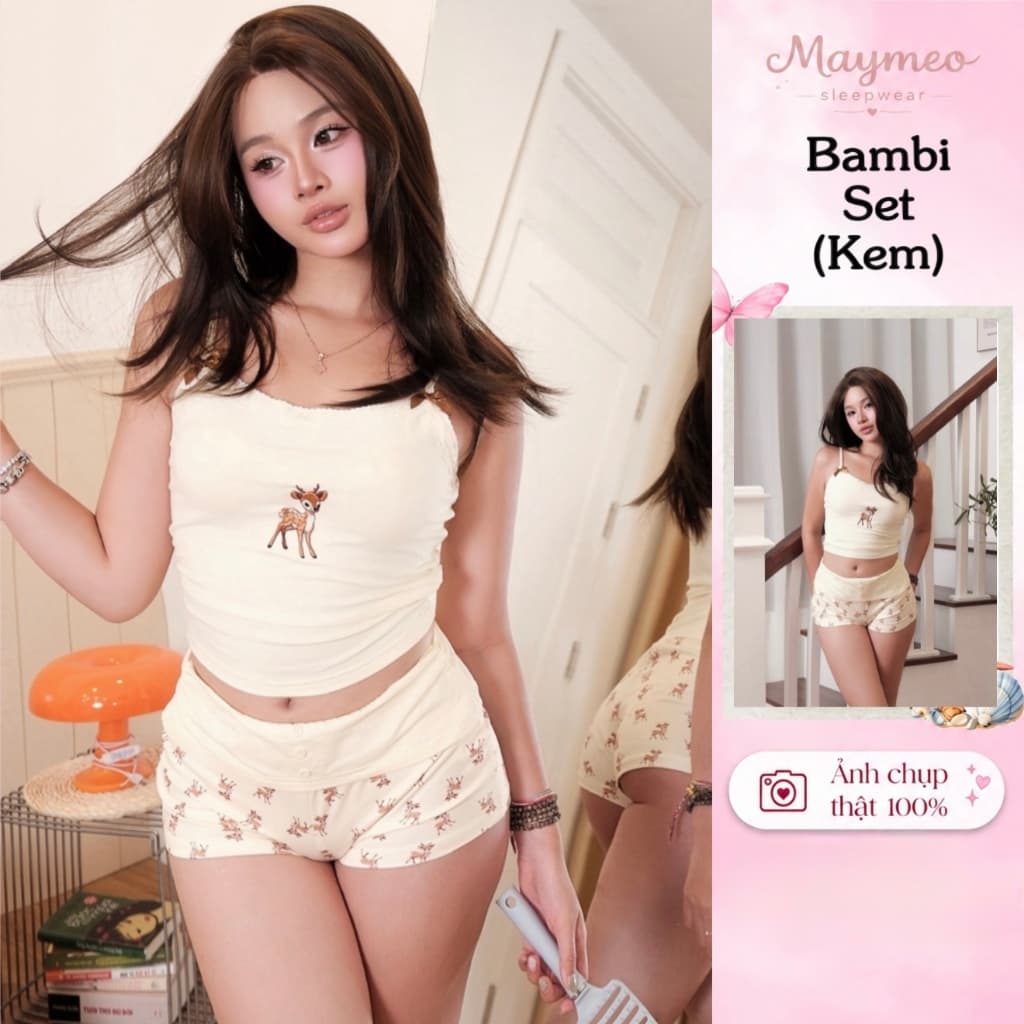 Bambi Set — hoạ tiết nai vintage, phối ren — ảnh thật do Mây Meo Sleepwear chụp