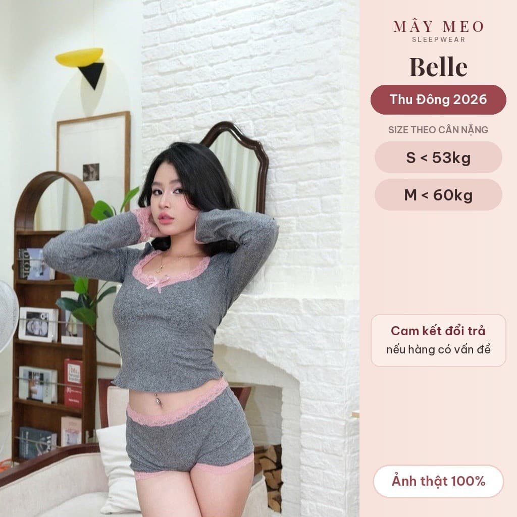 Belle Set — dài tay cổ U xám xanh, ren hồng — ảnh thật do Mây Meo Sleepwear chụp