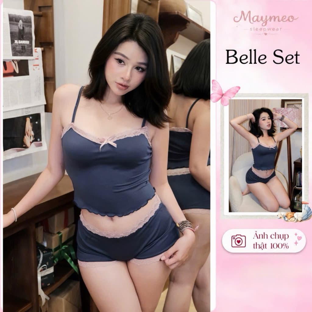 Belle Set — hai dây xanh than pha xám, ren hồng — ảnh thật do Mây Meo Sleepwear chụp