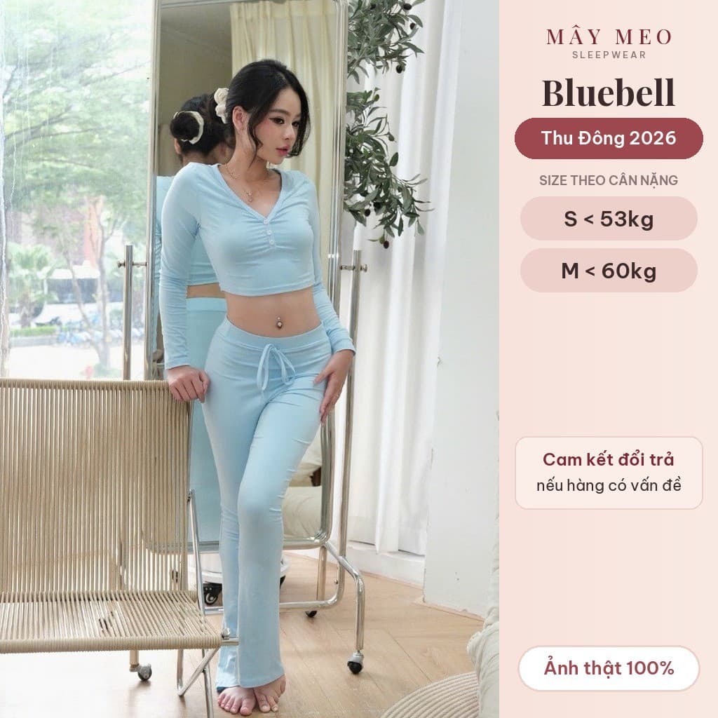 Bluebell Set — croptop tay dài cài cúc, quần dài dây rút — ảnh thật do Mây Meo Sleepwear chụp