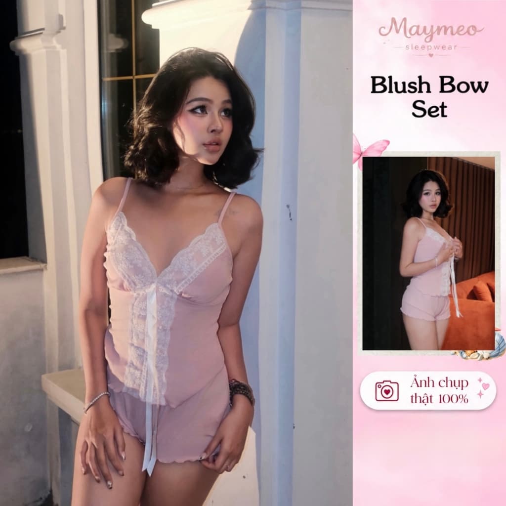 Blush Bow Set — nơ ngực, phối ren, freesize — ảnh thật do Mây Meo Sleepwear chụp