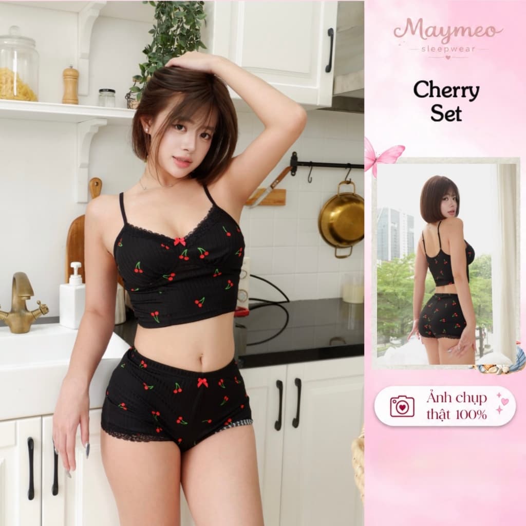 Cherry Set — phối ren, thiết kế mềm — ảnh thật do Mây Meo Sleepwear chụp