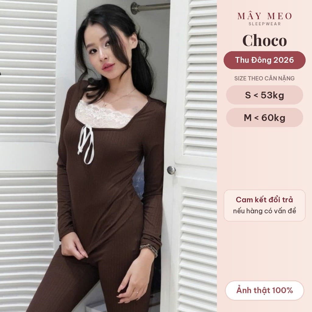 Choco Set — cotton gân nâu, ren trắng và nơ ngực — ảnh thật do Mây Meo Sleepwear chụp