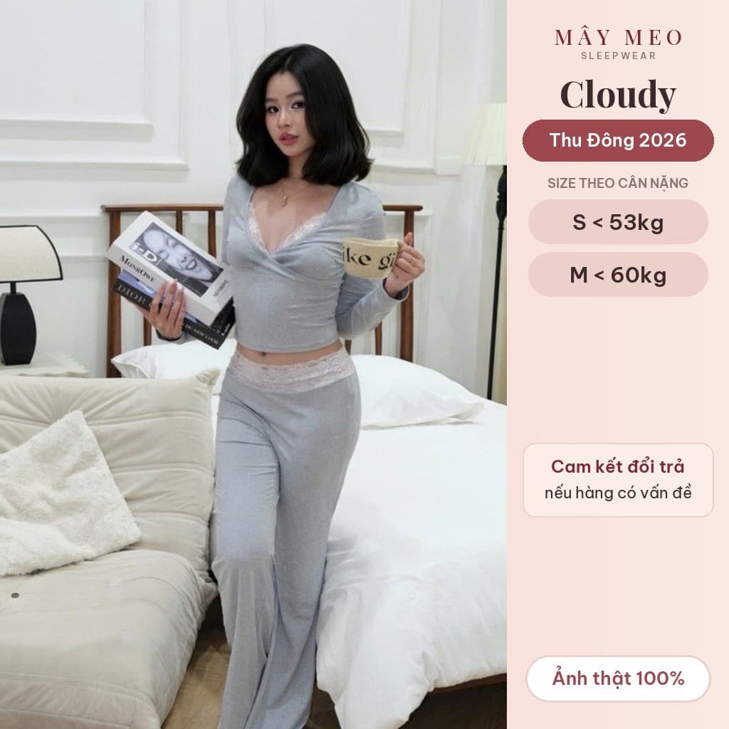 Cloudy Set — cotton xám, cổ tim viền ren hồng, quần dài — ảnh thật do Mây Meo Sleepwear chụp