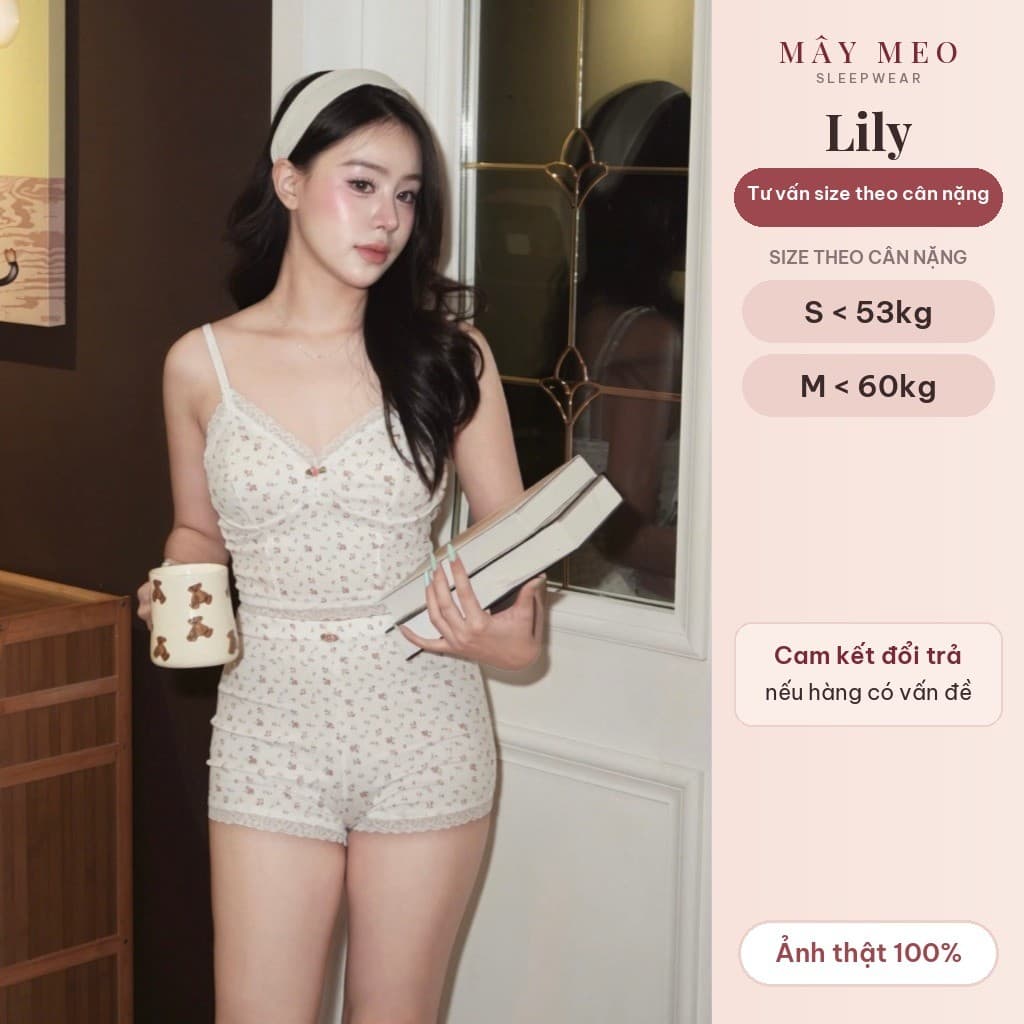 Lily Set — hoa nhí, hai dây phối ren — ảnh thật do Mây Meo Sleepwear chụp