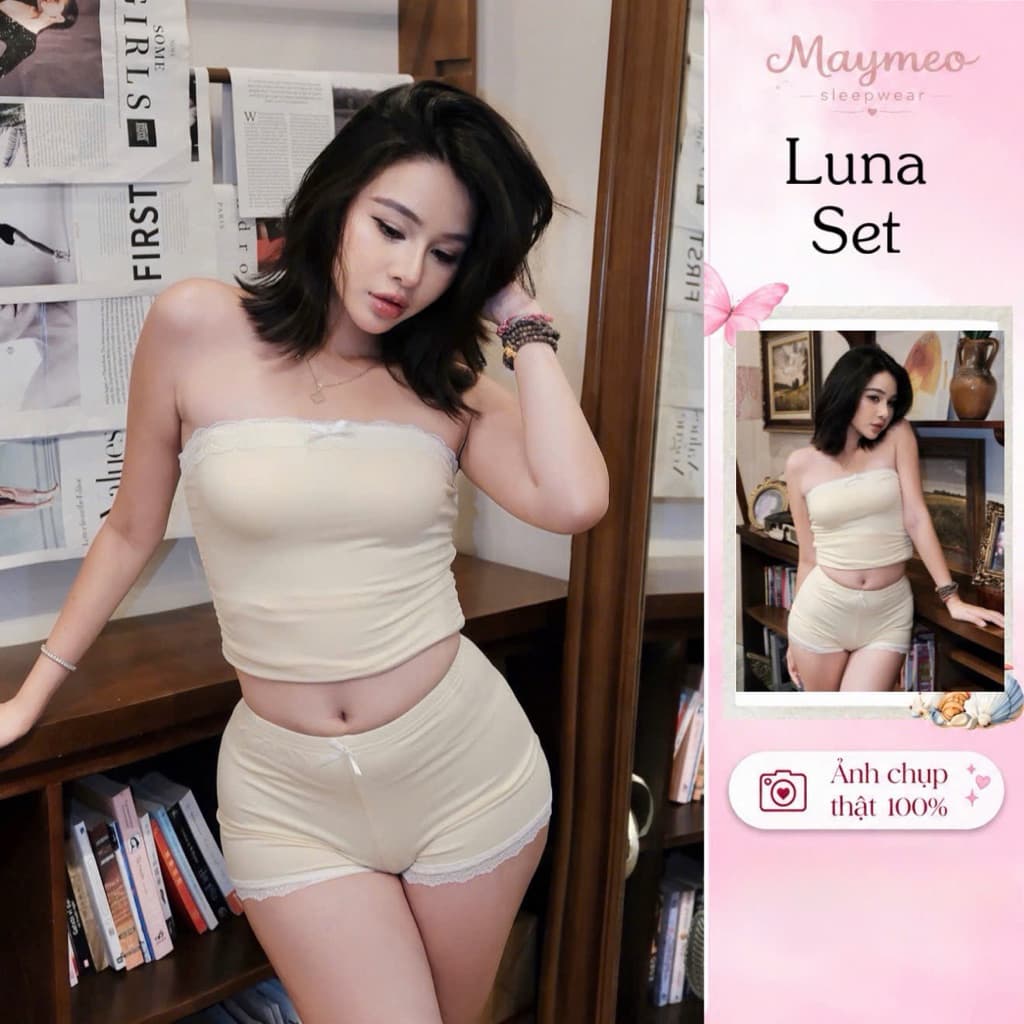 Luna Lace Butter Yellow — hai mảnh cúp ngực phối ren — ảnh thật do Mây Meo Sleepwear chụp