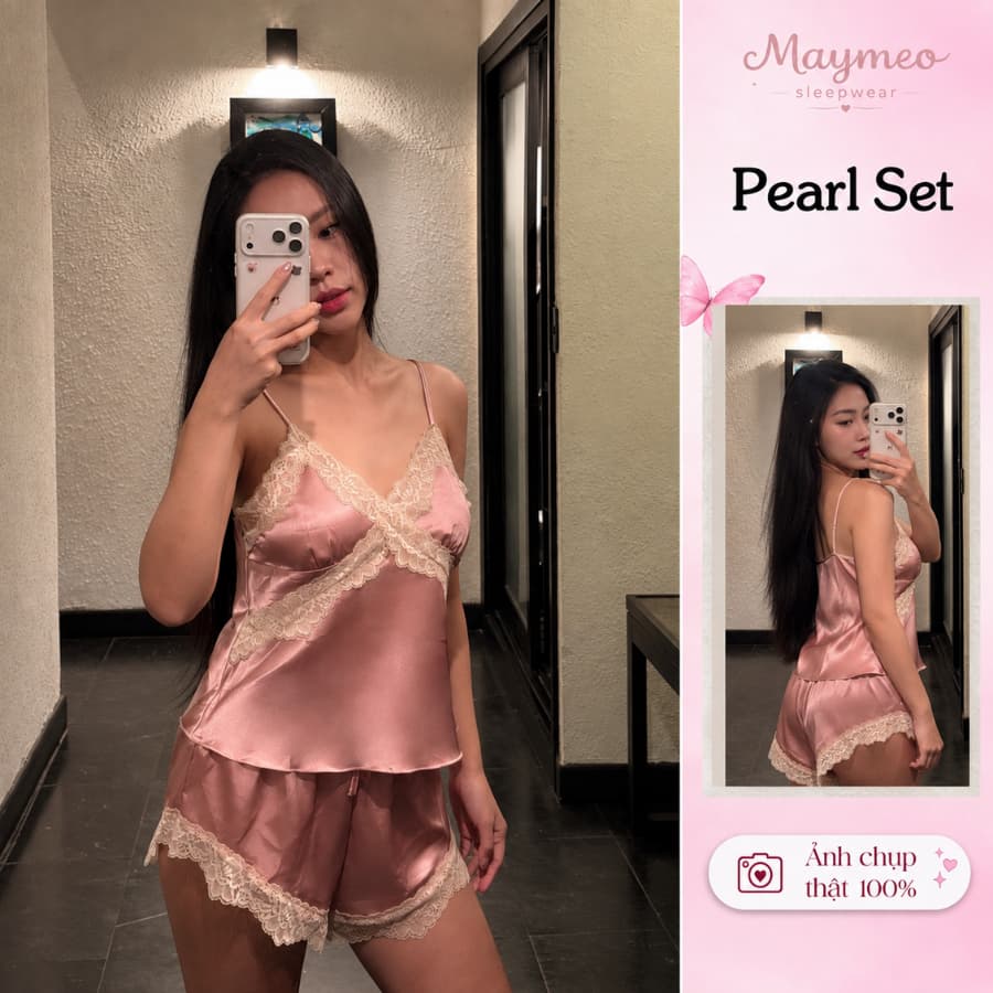 Pearl Set Hồng Đỗ — satin phối ren — ảnh thật do Mây Meo Sleepwear chụp