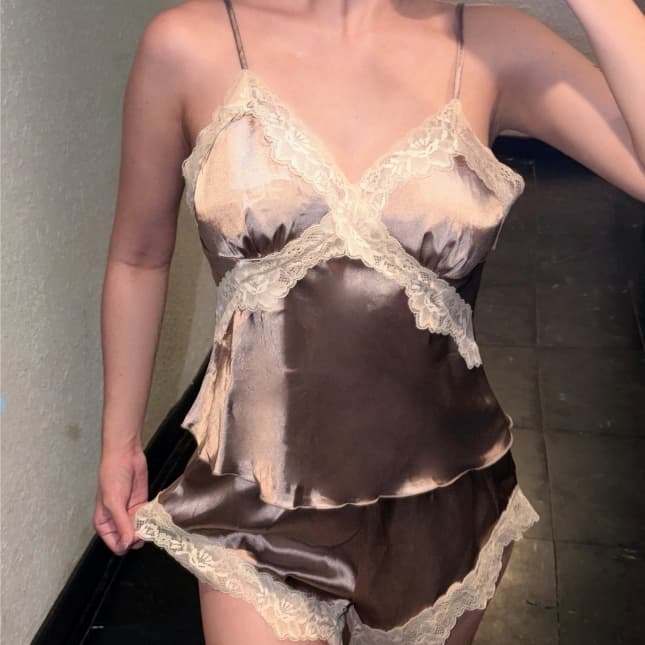 Pearl Set — satin phối ren, hai dây — ảnh 3
