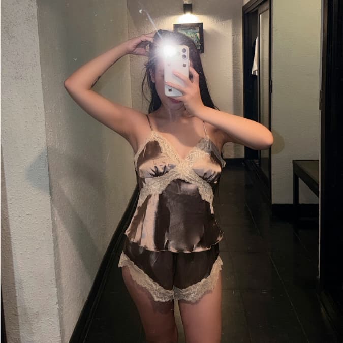 Pearl Set — satin phối ren, hai dây — ảnh 6