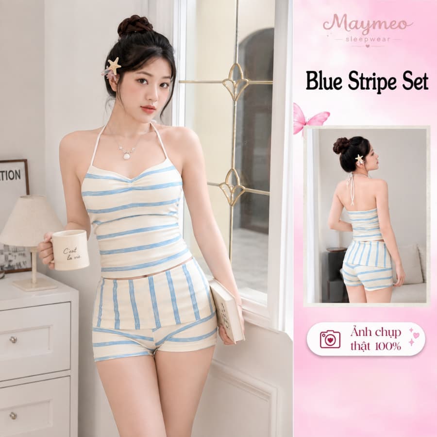 Set thun gân kẻ sọc — hai dây có mút — ảnh thật do Mây Meo Sleepwear chụp
