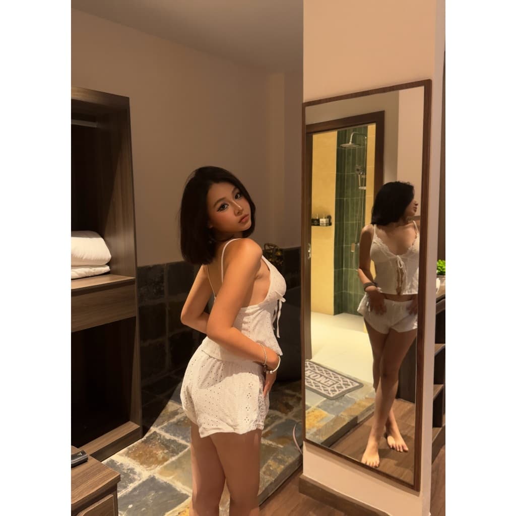 Swan Set White — hai dây phối ren, quần short ren — ảnh 9