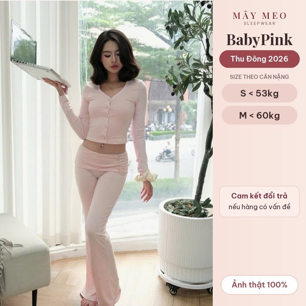 Babypink Set — áo ngắn cài cúc, quần dài cạp bèo — ảnh thật do Mây Meo Sleepwear chụp