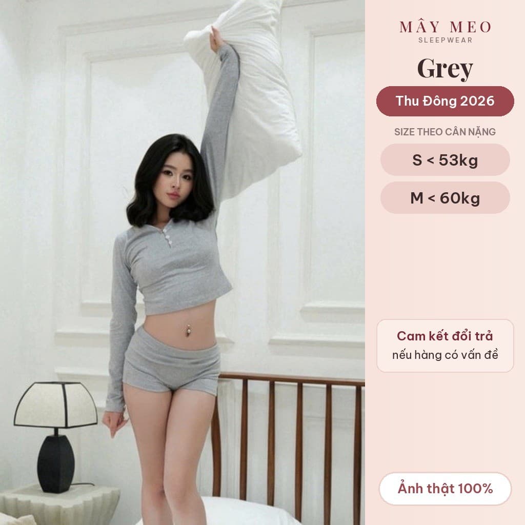 Grey Set — áo ngắn tay dài, quần short ôm — ảnh thật do Mây Meo Sleepwear chụp