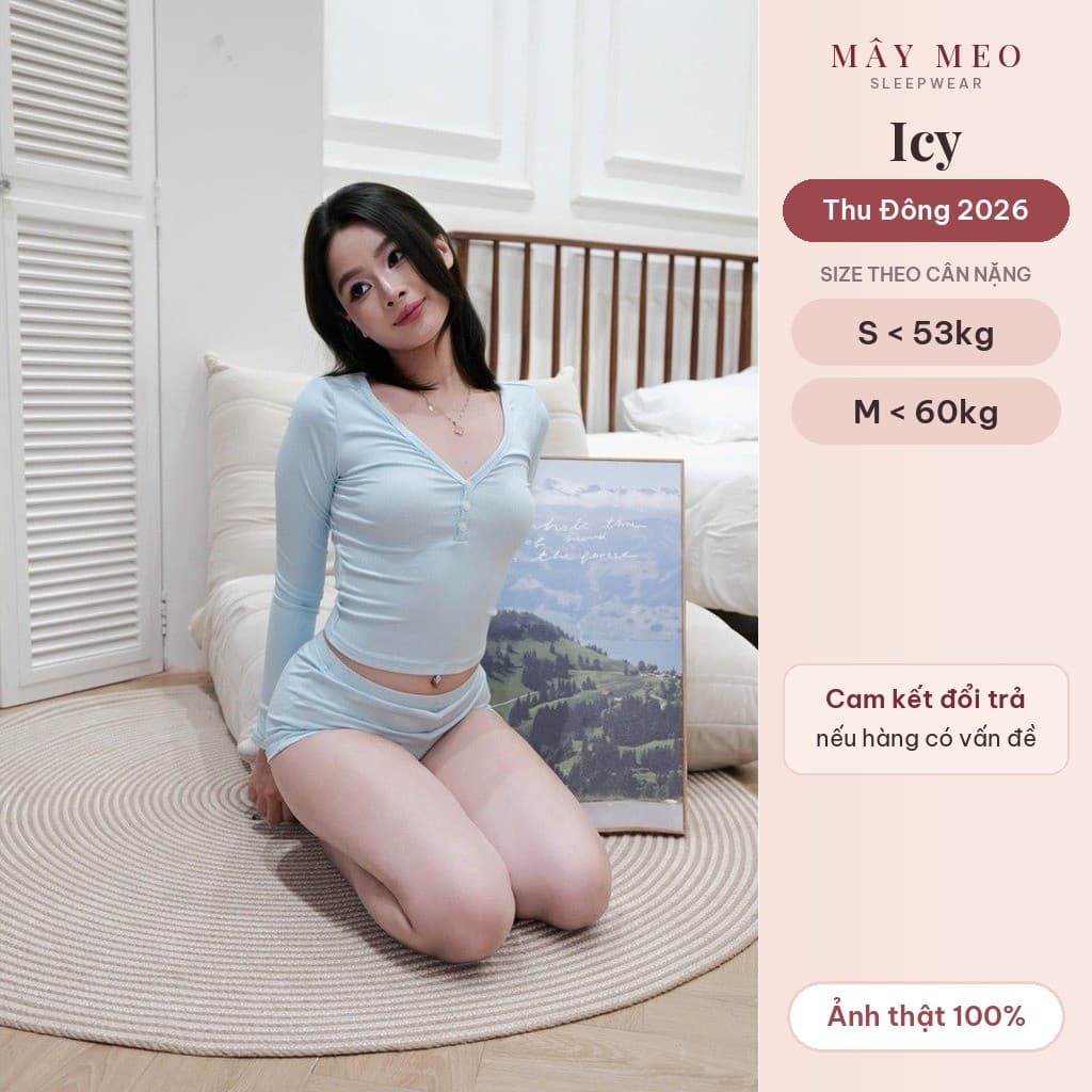 Icy Set — thun gân xanh nhạt, cổ tim cài cúc, quần short — ảnh thật do Mây Meo Sleepwear chụp