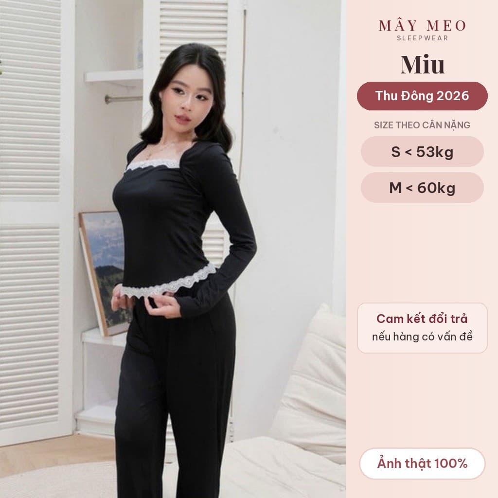 Miu Set — cotton gân đen, cổ vuông viền ren — ảnh thật do Mây Meo Sleepwear chụp
