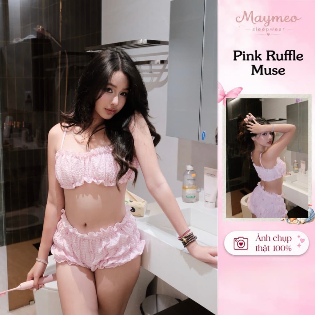 Pink Ruffle Muse Set — hai dây bèo nhún, hồng baby — ảnh thật do Mây Meo Sleepwear chụp