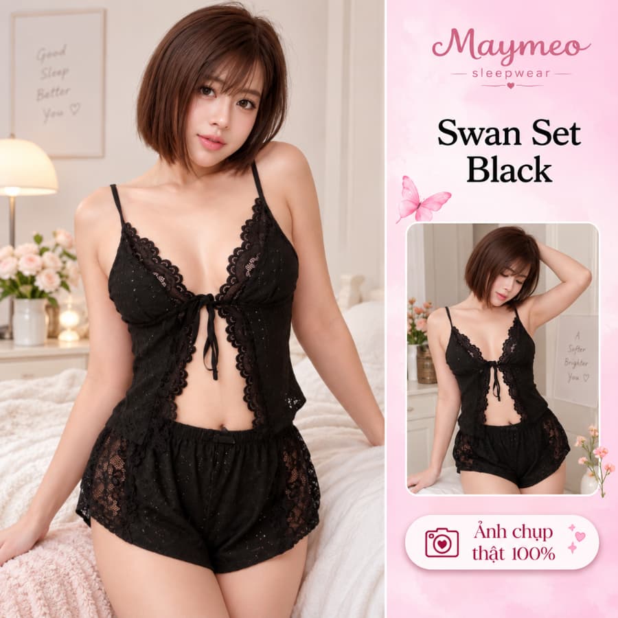 Swan Set Black — ren đen, hai dây — ảnh thật do Mây Meo Sleepwear chụp