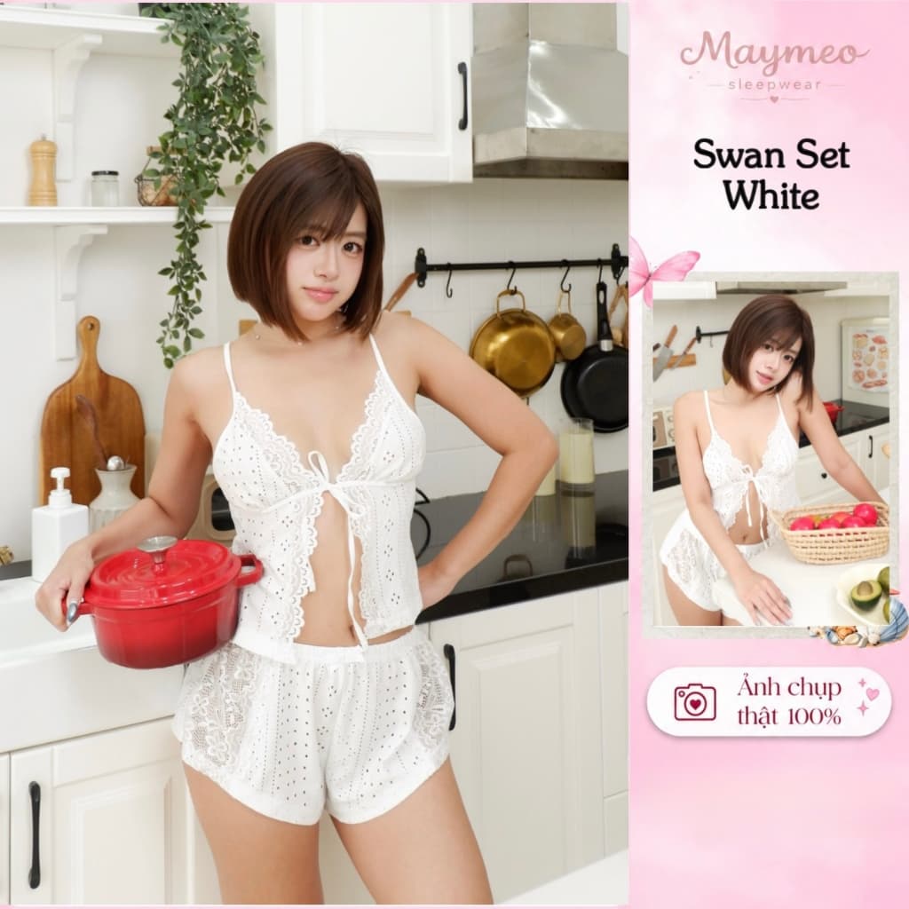 Swan Set White — hai dây phối ren, quần short ren — ảnh thật do Mây Meo Sleepwear chụp