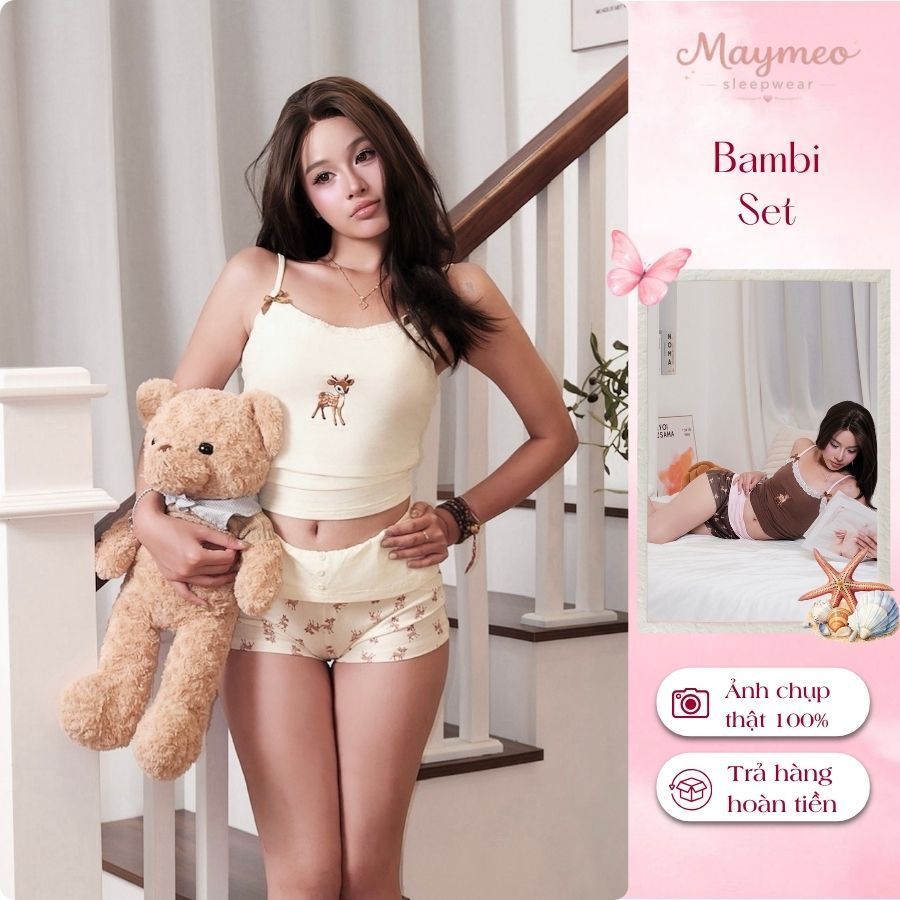BAMBI SET - Set đồ ngủ, đồ đi biển nữ sexy dễ thương phối ren co giãn họa tiết nai vintage